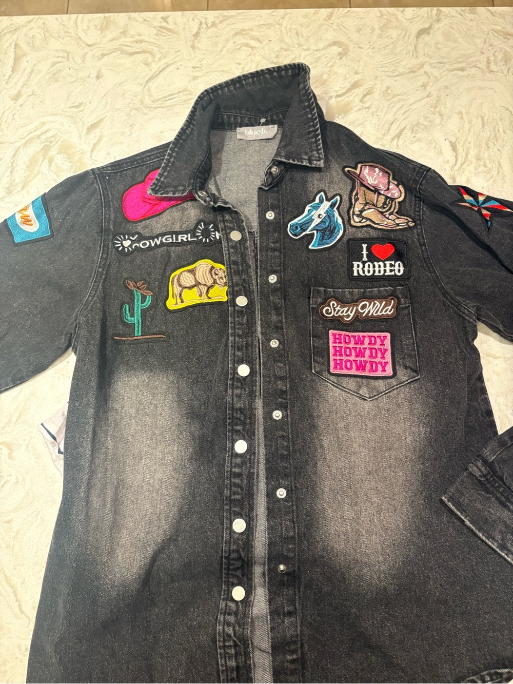 Black Denim Patchwork Western Shirt Jacket - 'Stay Wild'